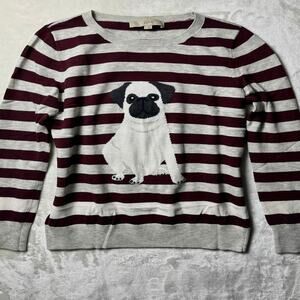 Ann Taylor Loft Puppy Sweater Women's M Crimson Gray Academia Striped Puppers